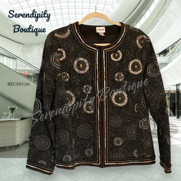 Chicos All Over Embroidery Beaded 100% Cotton Fully Lined Blazer Jacket - Picture 2 of 10